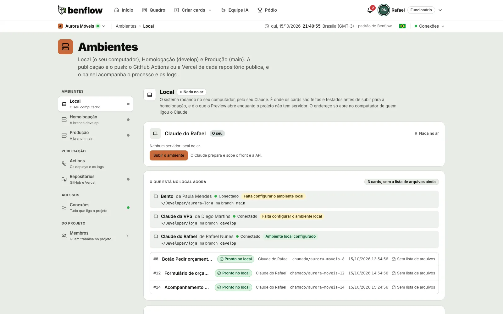 Página Ambientes da Aurora Móveis na aba Local: o Claude do Rafael com Subir o ambiente e o bloco O que está no Local agora, com cada Claude, a pasta e a branch, Configurado ou Falta configurar o ambiente local, e os cards prontos no local com o Claude, a branch, a data com os segundos e a lista de arquivos