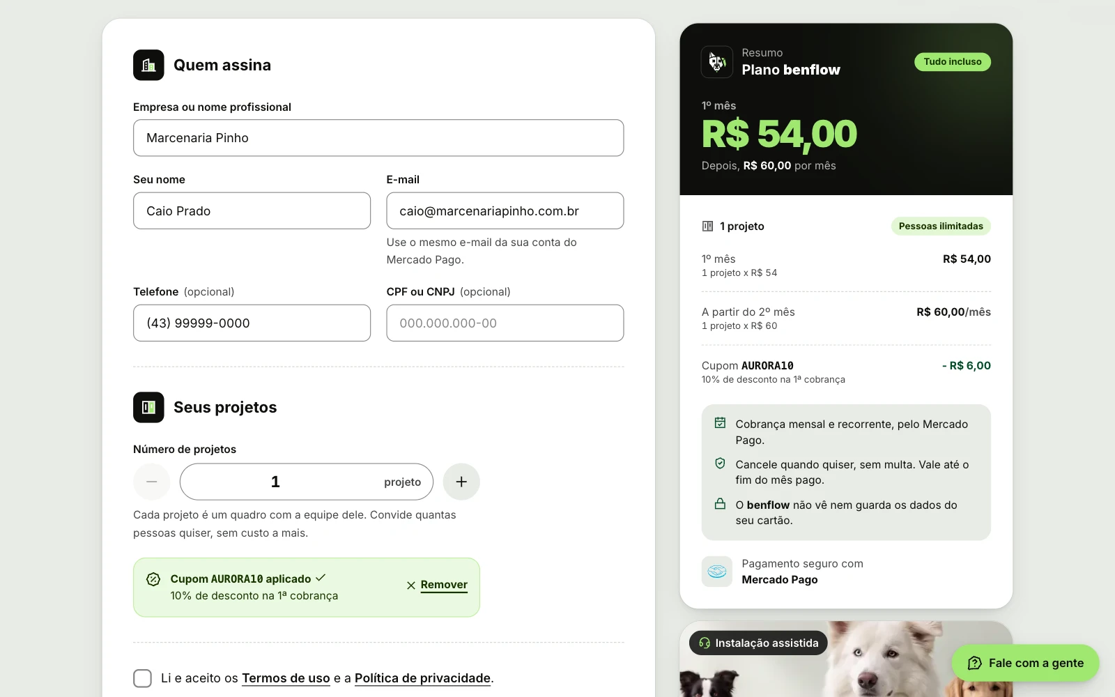 Página Assinar o benflow com o cupom AURORA10 aplicado em Seus projetos e, no Resumo, o 1º mês com o desconto e a linha do cupom