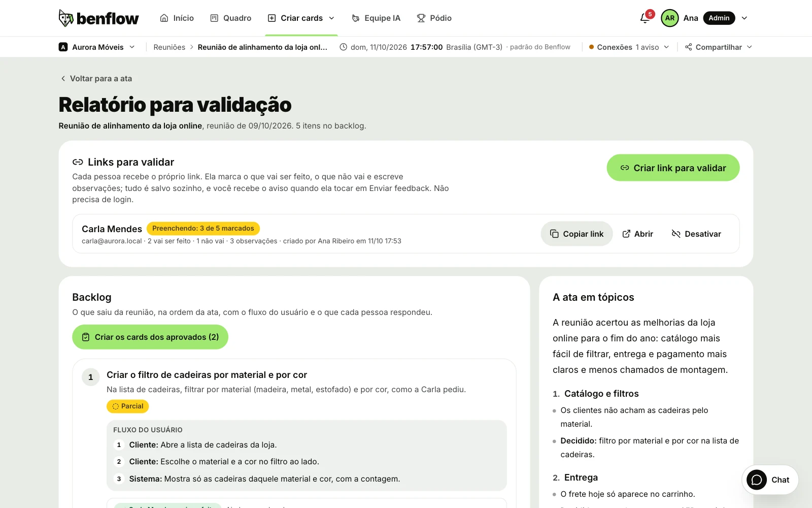 Tela Relatório para validação da Aurora Móveis com os Links para validar, o Backlog com o fluxo do usuário e a resposta da Carla em cada item e A ata em tópicos ao lado