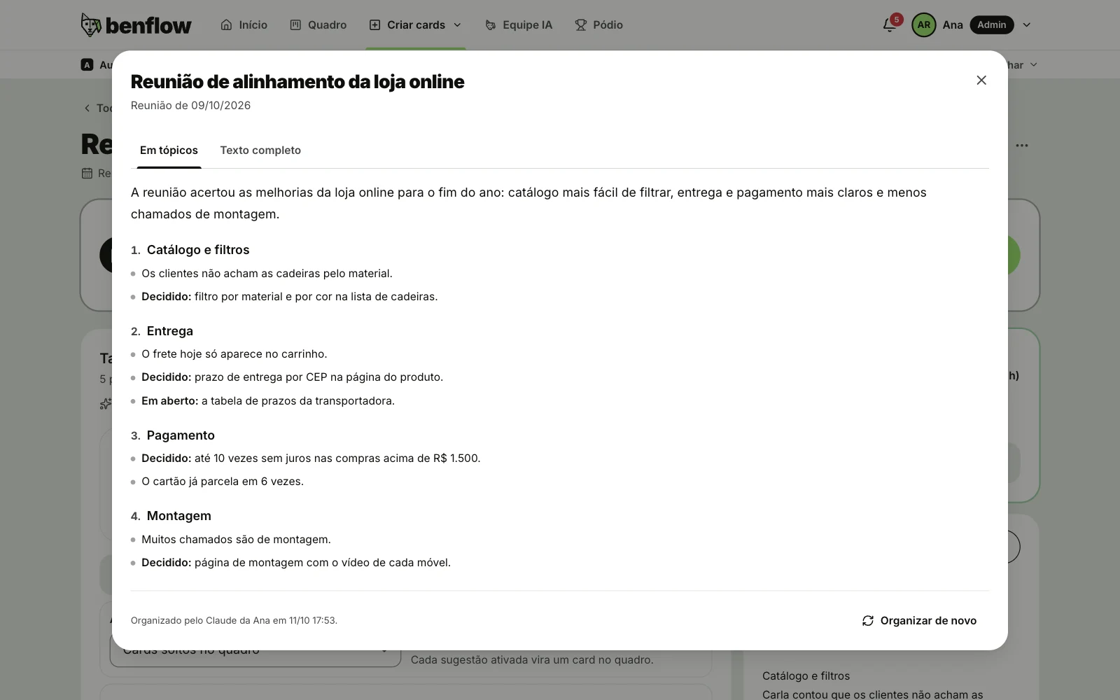Janela da ata ampliada da Aurora Móveis na aba Em tópicos, com o resumo da reunião e os assuntos Catálogo e filtros, Entrega, Pagamento e Montagem, cada um com o que foi decidido e o que ficou em aberto