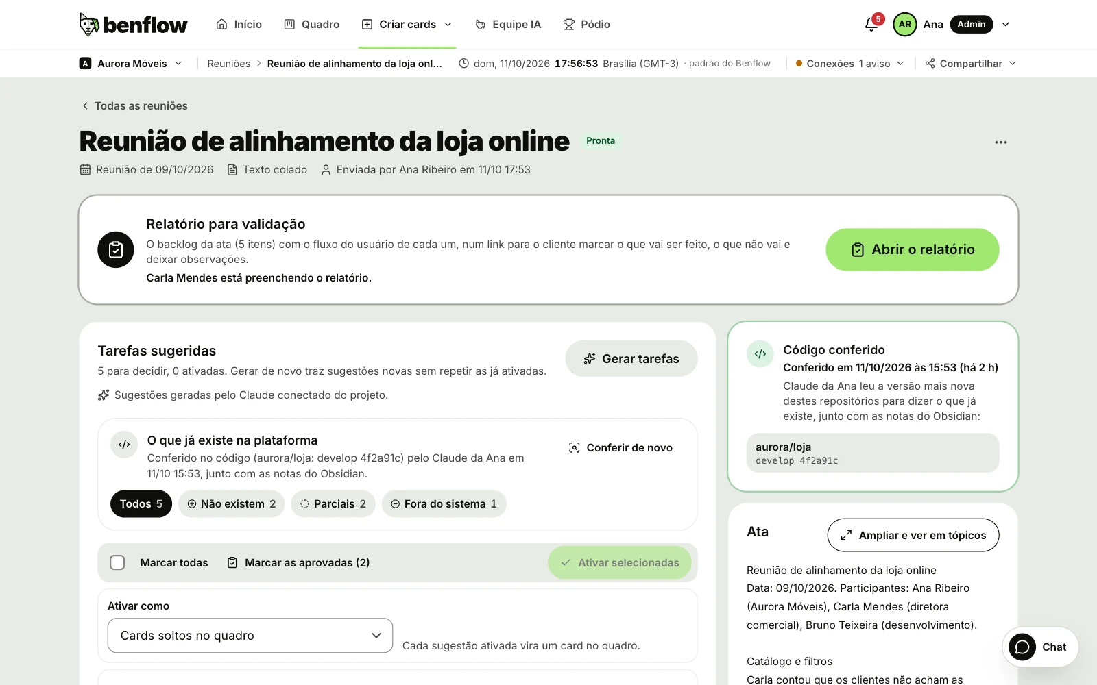 Página de uma ata da Aurora Móveis com o quadro Relatório para validação no alto e o botão Abrir o relatório