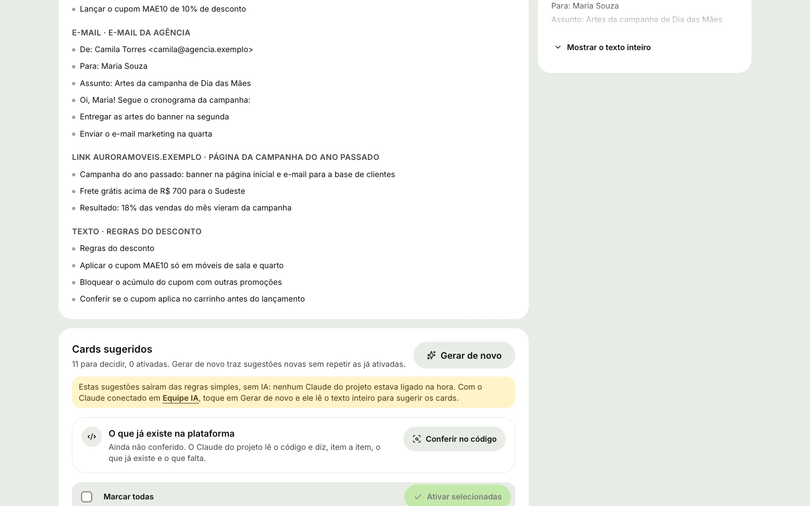 Página de um briefing com as seções organizadas pela IA e os cards sugeridos