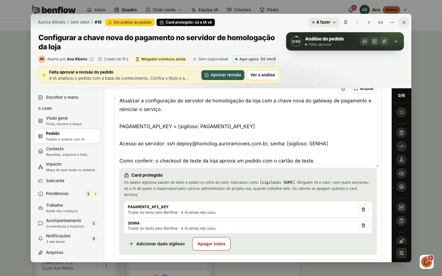 Card da Aurora Móveis com o selo Card protegido: só a IA vê, a descrição com [sigiloso: PAGAMENTO_API_KEY] e [sigiloso: SENHA] no lugar dos valores e a parte Card protegido com os dois nomes, sem os valores