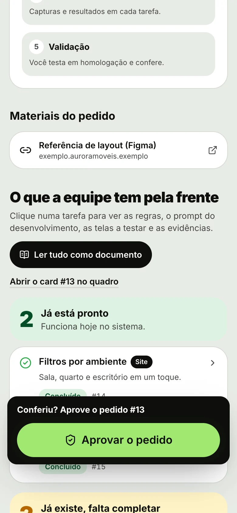 Página do pedido no celular, com as tarefas do pedido e a barra Aprovar o pedido no pé da tela