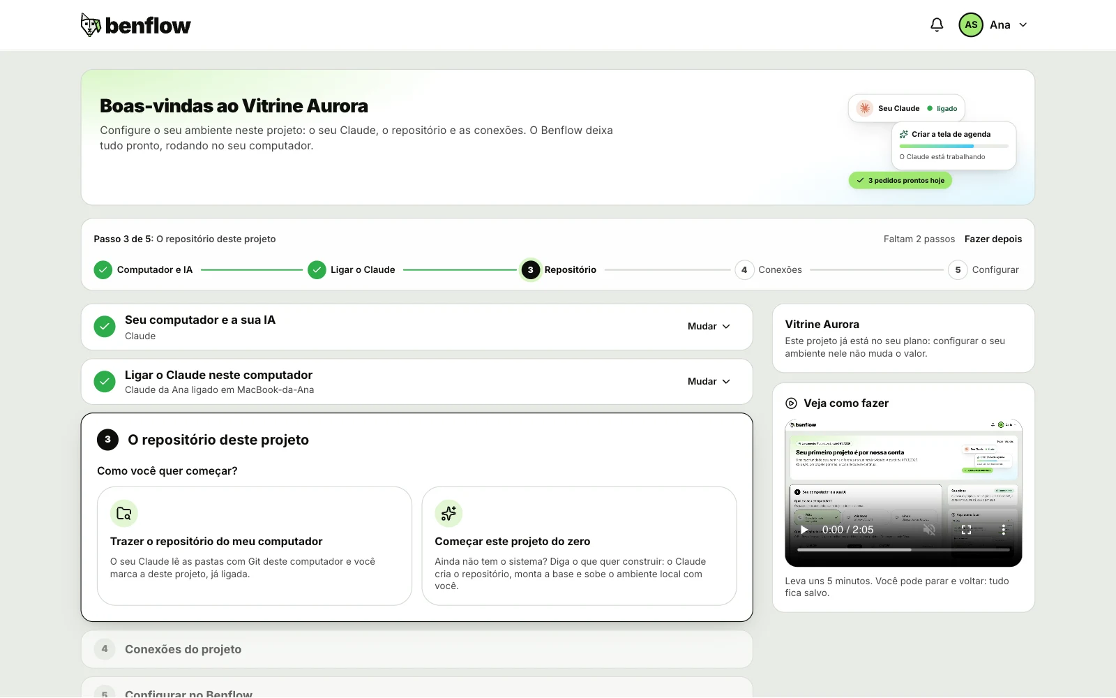Boas-vindas ao Vitrine Aurora, da Aurora Móveis: a linha do tempo no passo 3, O repositório deste projeto, com Trazer o repositório do meu computador e Começar este projeto do zero e, ao lado, o aviso de que configurar não muda o valor