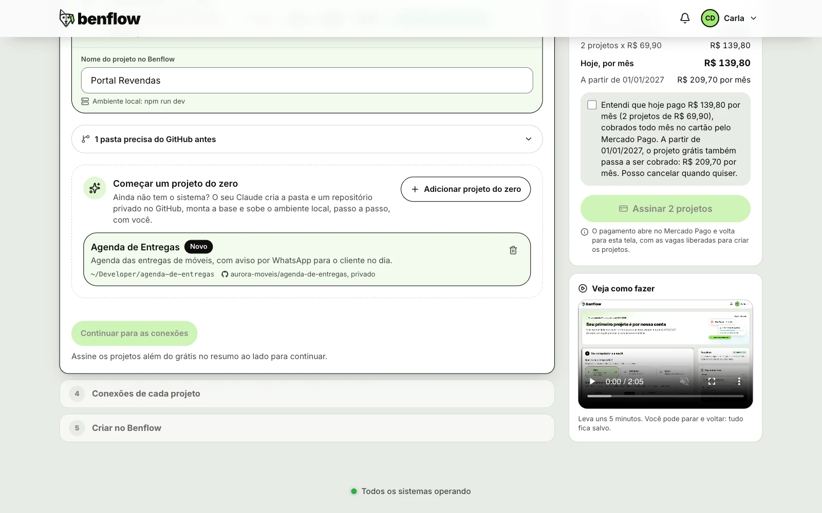 Começar um projeto do zero na Aurora Móveis: o projeto Agenda de Entregas com o selo Novo, o que vai ser construído, a pasta em ~/Developer e o repositório privado no GitHub