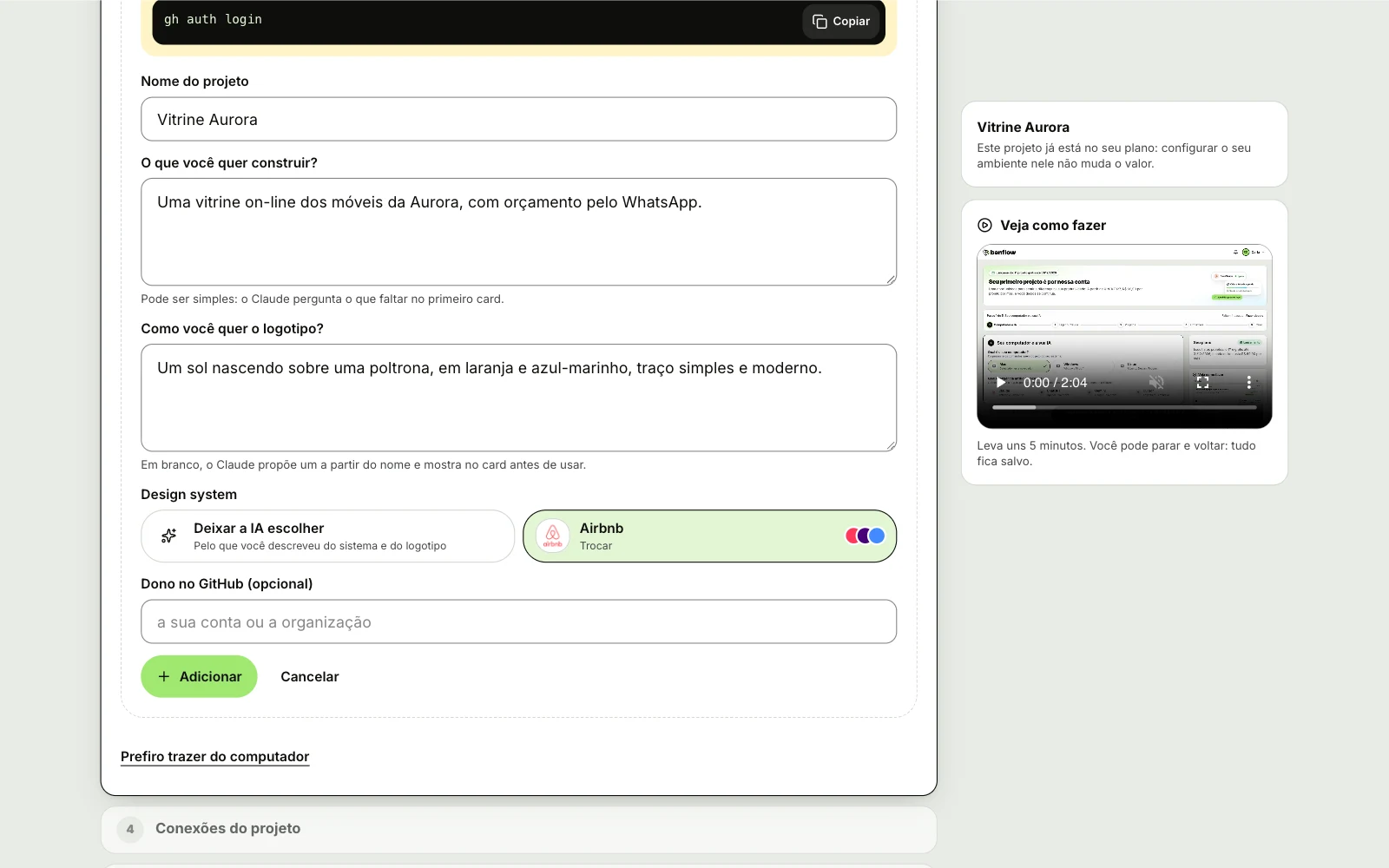 Começar um projeto do zero na Aurora Móveis: os campos O que você quer construir e Como você quer o logotipo preenchidos e, em Design system, Deixar a IA escolher ou o Airbnb escolhido da biblioteca, com as cores dele