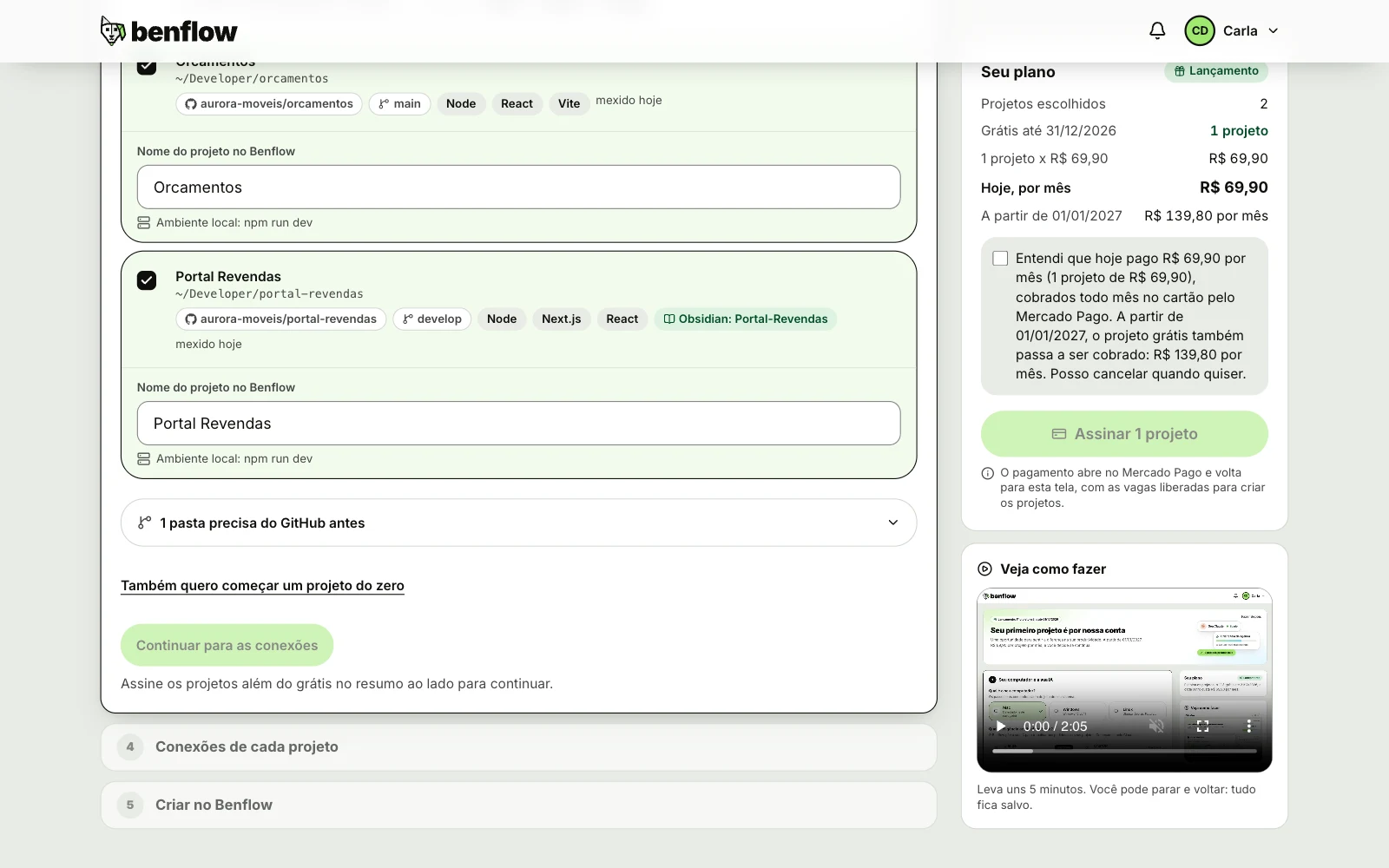 Passo Escolher os projetos da Aurora Móveis: os projetos do computador com o repositório do GitHub, a branch, a cara do projeto e o cofre do Obsidian, um marcado com o nome no benflow; ao lado, Seu plano com o valor de hoje, o valor a partir de 01/01/2027, a caixa de aceite e o botão Assinar
