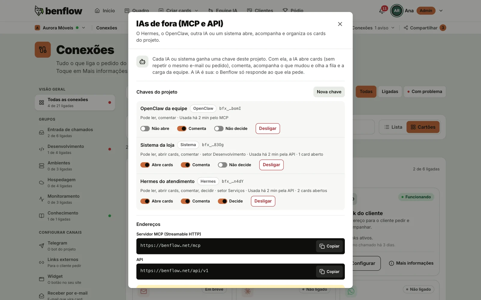 Janela IAs de fora (MCP e API) da Aurora Móveis com três chaves: OpenClaw da equipe, Sistema da loja e Hermes do atendimento, cada uma com as permissões, o último uso e o Desligar, e os endereços do servidor MCP e da API