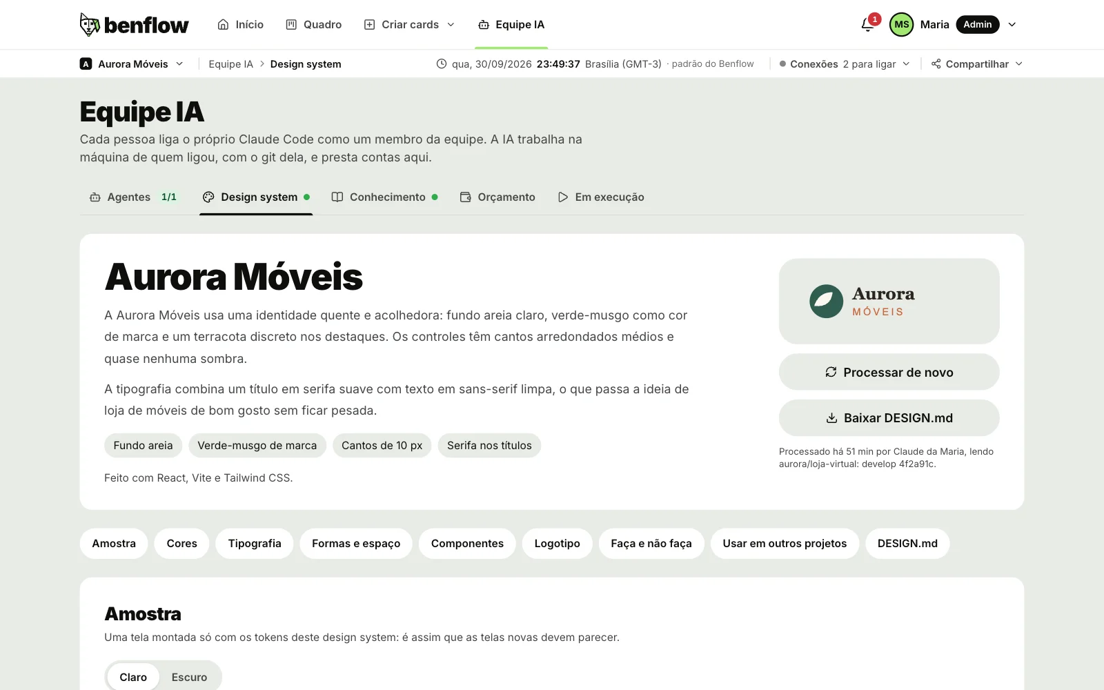 Equipe IA, aba Design system, com o resumo do design system do projeto, o logotipo e os atalhos das seções