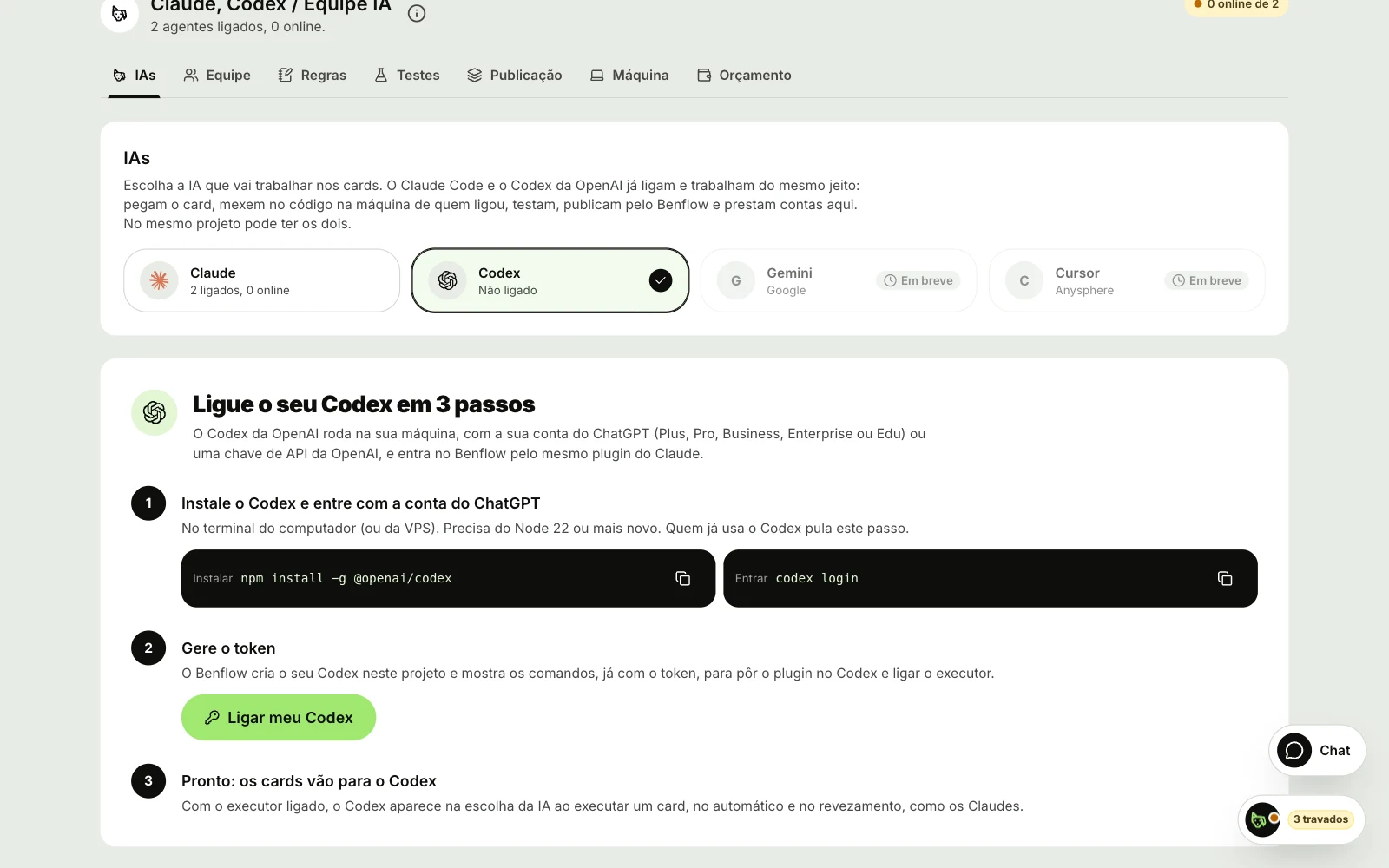 Equipe IA da Aurora Móveis na sub-aba IAs com o Codex escolhido e nenhum Codex da pessoa: os cartões Claude, Codex, Gemini e Cursor no alto e, embaixo, Ligue o seu Codex em 3 passos, com os comandos de instalar e entrar, o botão Ligar meu Codex e Pronto: os cards vão para o Codex
