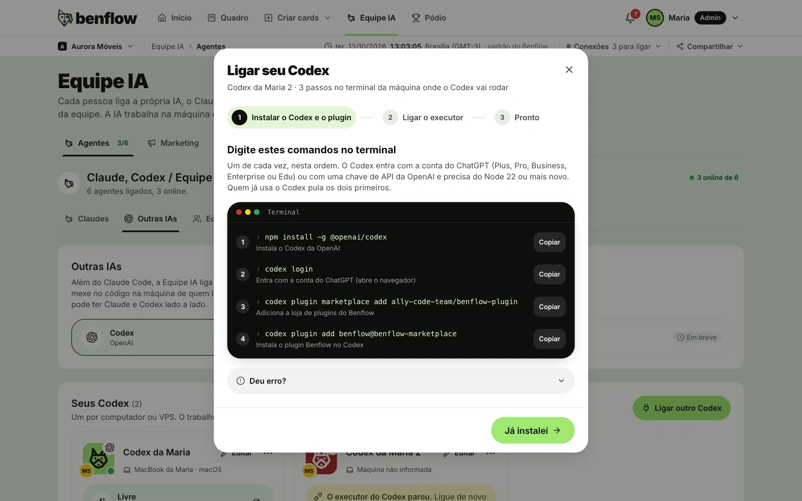 Janela Ligar seu Codex no passo Instalar o Codex e o plugin: Digite estes comandos no terminal, com npm install -g @openai/codex, codex login, codex plugin marketplace add ally-code-team/benflow-plugin e codex plugin add benflow@benflow-marketplace, cada um com Copiar, o Deu erro? recolhido e o botão Já instalei