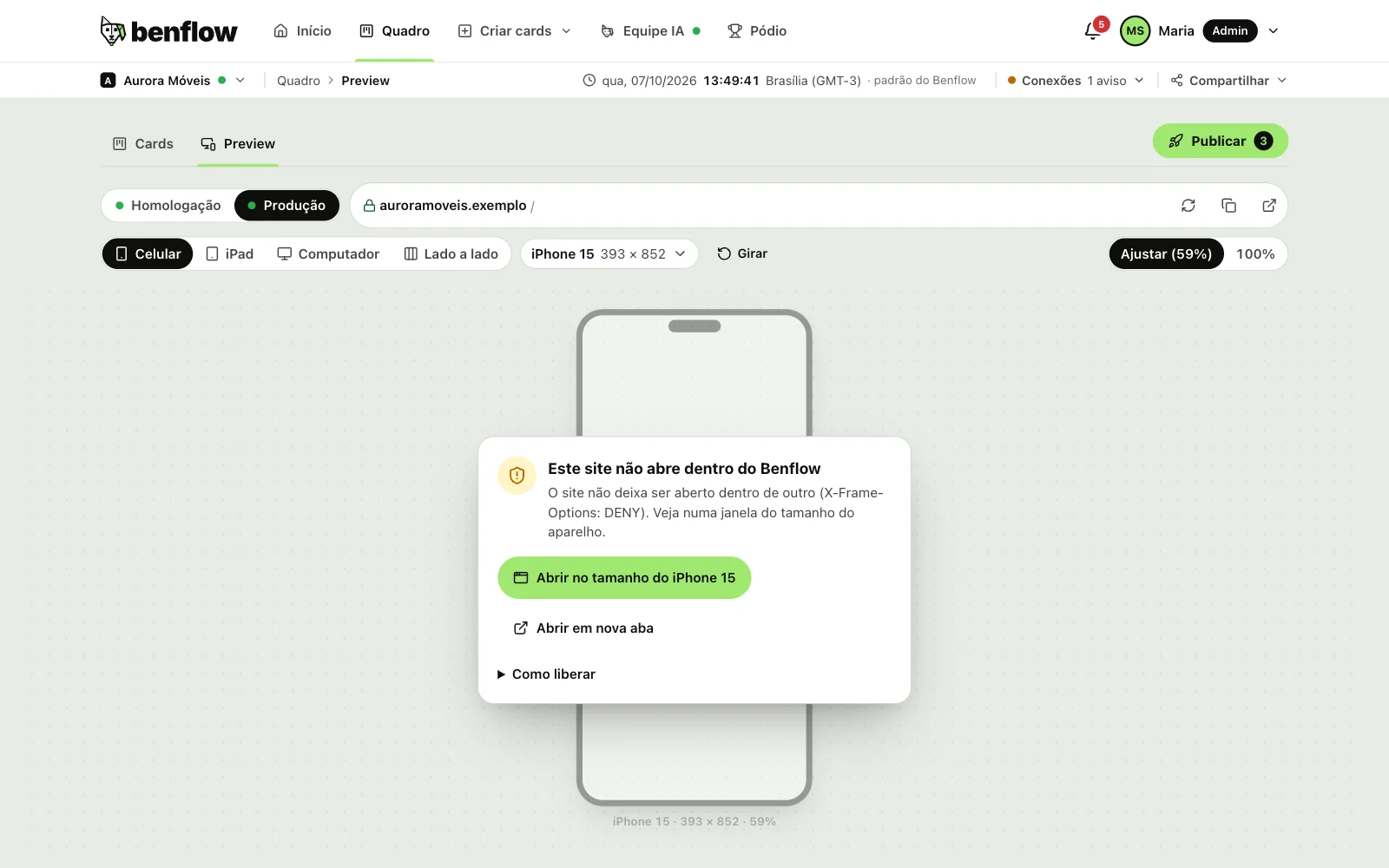 Aba Preview da Aurora Móveis com Produção escolhida e o aviso Este site não abre dentro do benflow, com o motivo X-Frame-Options: DENY, os botões Abrir no tamanho do iPhone 15 e Abrir em nova aba e o Como liberar recolhido, por cima do celular apagado