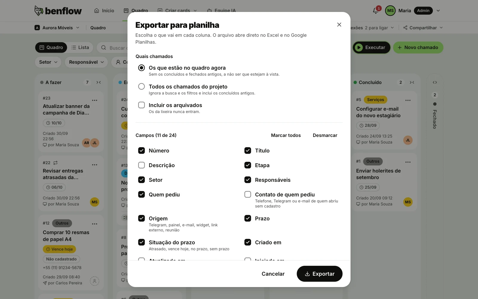 Janela Exportar para planilha aberta sobre o quadro, com as opções de quais chamados e os campos