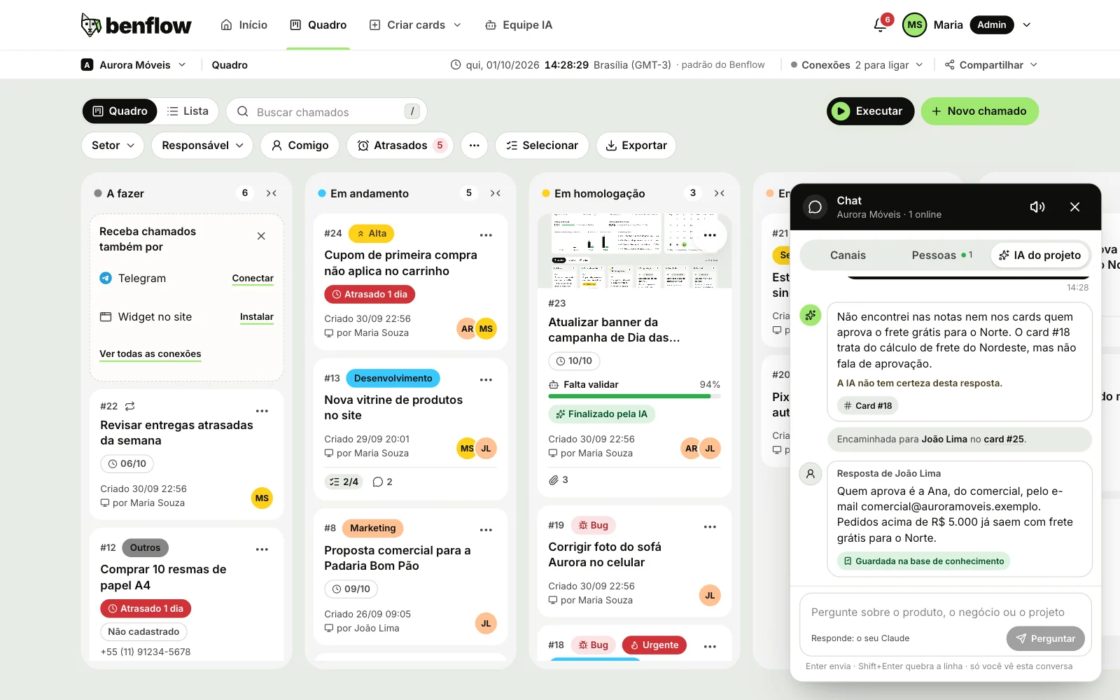 Chat aberto na aba IA do projeto, com uma pergunta encaminhada para João Lima no card 25 e a resposta dele guardada na base de conhecimento