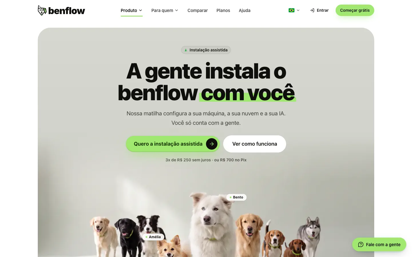 Página Instalação assistida do site do benflow: o título A gente instala o benflow com você, os botões Quero a instalação assistida e Ver como funciona, o preço e a matilha do benflow em V, com o Bento na frente