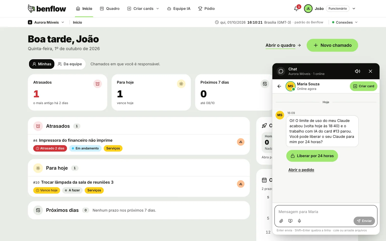 Chat do projeto com o pedido de ajuda de uma colega e o botão Liberar por 24 horas