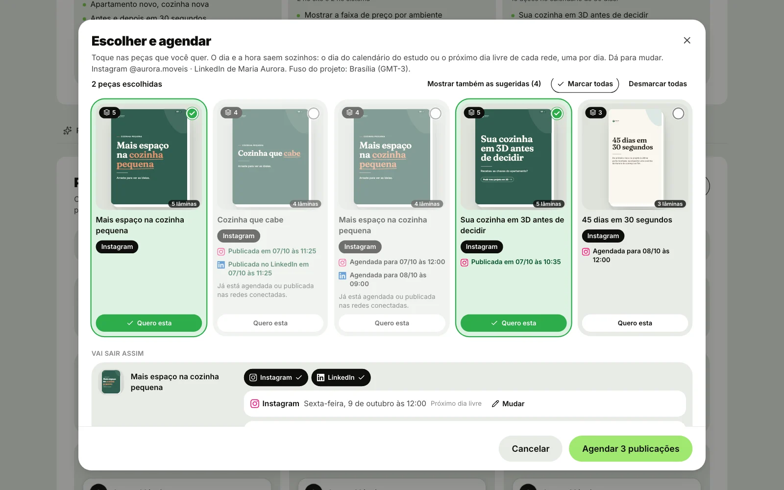 Janela para agendar várias peças de uma vez, com a prévia de como vão sair