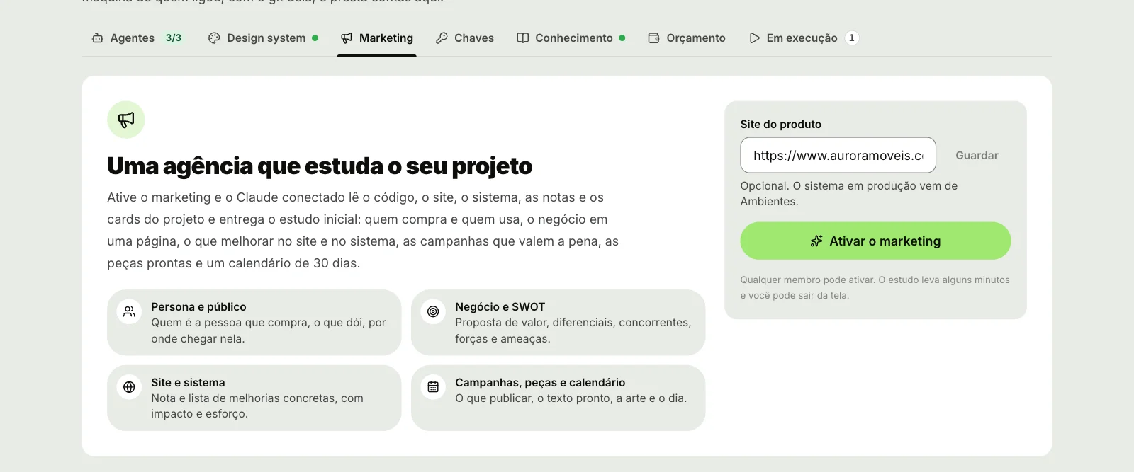 Equipe IA, aba Marketing, antes do primeiro estudo: o cartão Uma agência que estuda o seu projeto com os quatro temas, o campo Site do produto e o botão Ativar o marketing