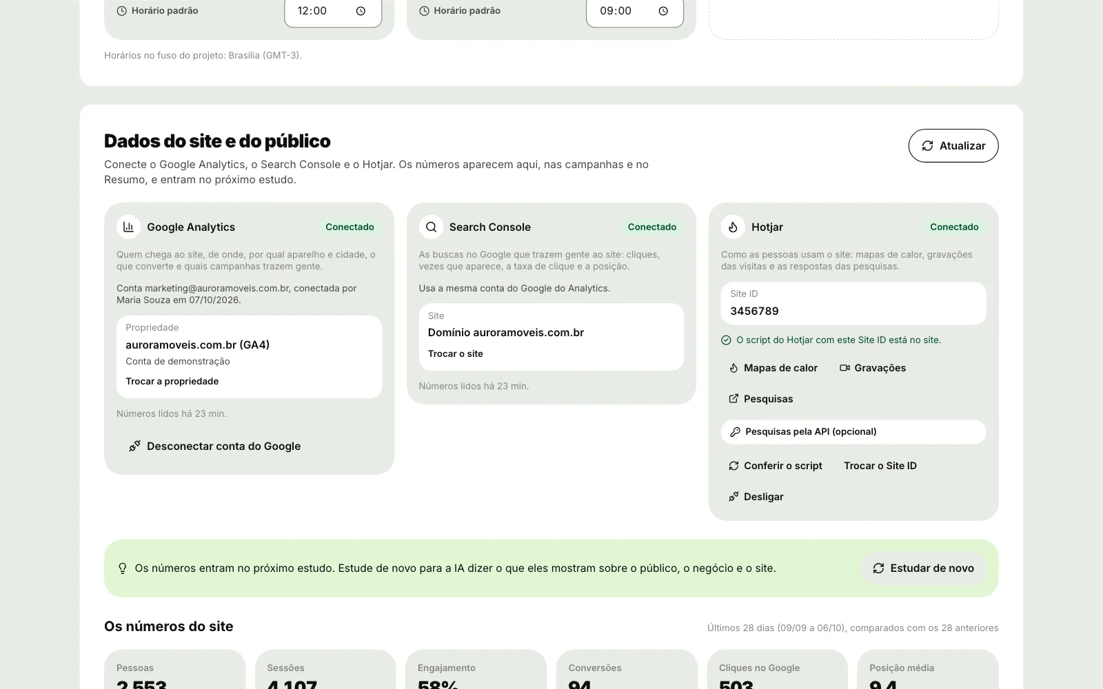 Conexões, Dados do site e do público, da Aurora Móveis, com Atualizar: o cartão Google Analytics Conectado com a conta do Google, a Propriedade auroramoveis.com.br (GA4), Trocar a propriedade, Números lidos há 23 min e Desconectar conta do Google; o Search Console Conectado com o Site Domínio auroramoveis.com.br e Trocar o site; o Hotjar Conectado com o Site ID, O script do Hotjar com este Site ID está no site, Mapas de calor, Gravações, Pesquisas, Pesquisas pela API (opcional), Conferir o script, Trocar o Site ID e Desligar; embaixo, o aviso de que os números entram no próximo estudo, com Estudar de novo