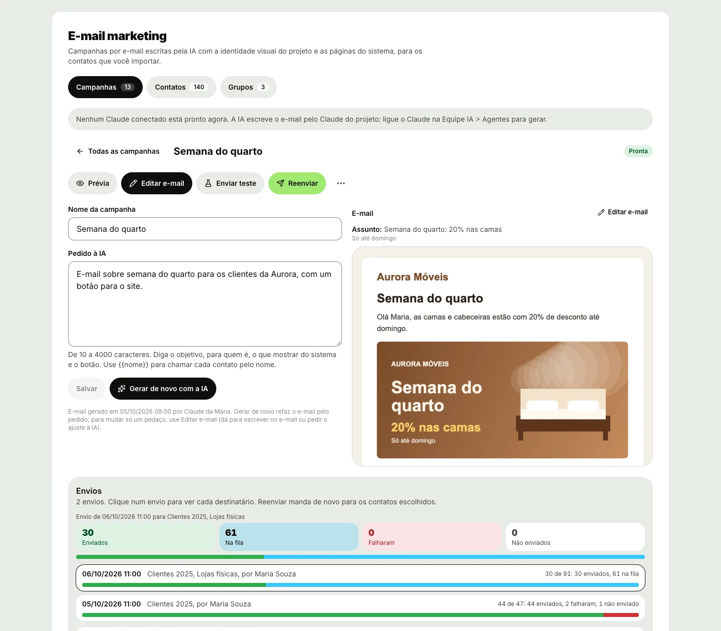 Campanha de e-mail marketing da Aurora Móveis, com o e-mail gerado pela IA e a prévia