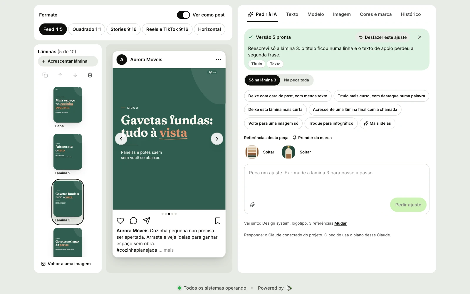 Aba Pedir à IA no Estúdio, com o pedido de ajuste escrito e as sugestões prontas