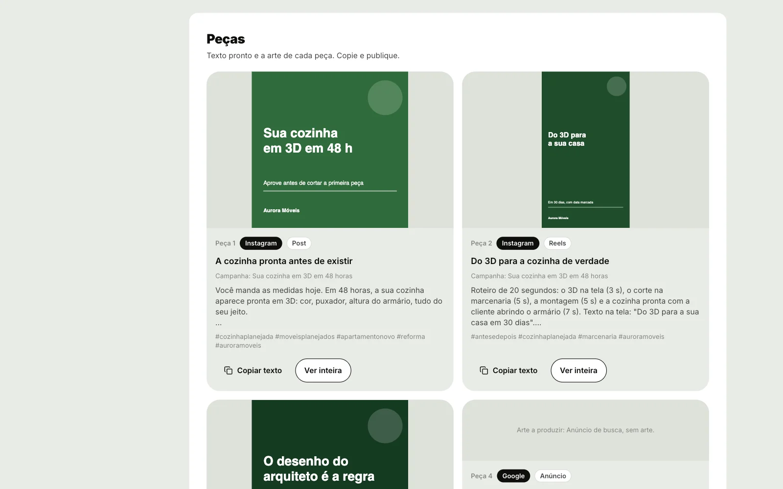 Seção Peças da aba Marketing com quatro peças da Aurora Móveis: a arte em verde de cada uma, o canal e o formato, o título, o começo do texto, as hashtags e os botões Copiar texto e Ver inteira