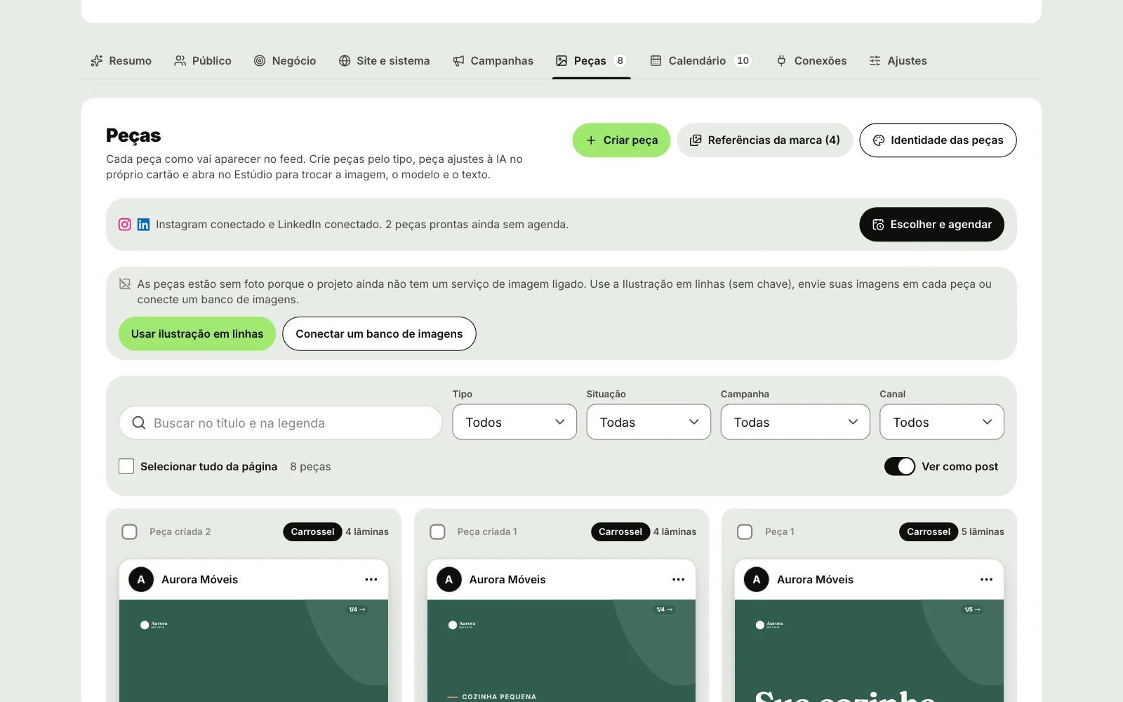 Peças da Aurora Móveis em cartões, com os filtros por tipo, situação e campanha