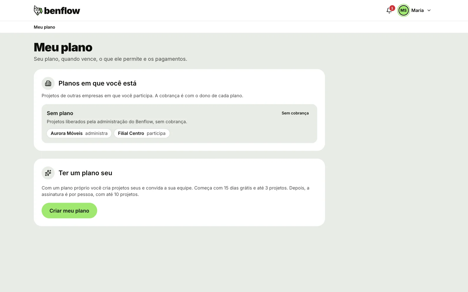 Página Meu plano com o plano, as pessoas cobradas e os pagamentos