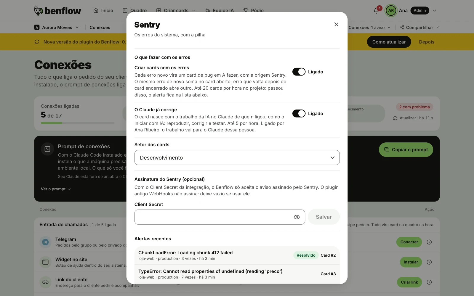 Fim da janela do Sentry da Aurora Móveis: a Assinatura do Sentry com o campo Client Secret e os Alertas recentes, com o ChunkLoadError Resolvido no card 2 e o TypeError do checkout 7 vezes no card 3