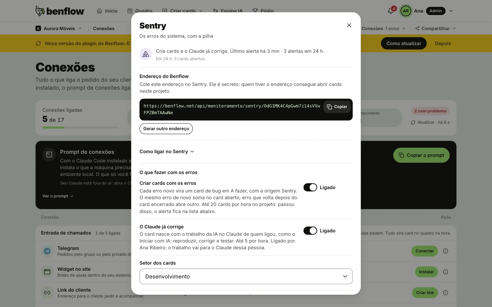 Janela do Sentry da Aurora Móveis com o Endereço do benflow, o Como ligar no Sentry recolhido, os interruptores Criar cards com os erros e O Claude já corrige ligados e o Setor dos cards em Desenvolvimento
