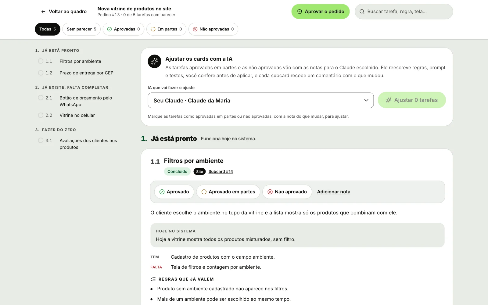 Pedido em modo documento, com o índice das tarefas, a busca, os filtros por parecer e os botões Aprovado, Aprovado em partes e Não aprovado