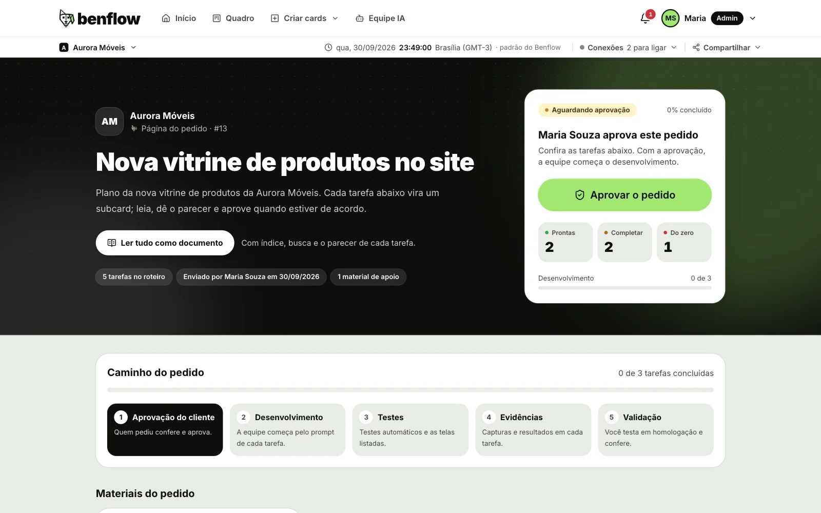 Página do pedido com o painel Aguardando aprovação, o botão Aprovar o pedido e o caminho do pedido