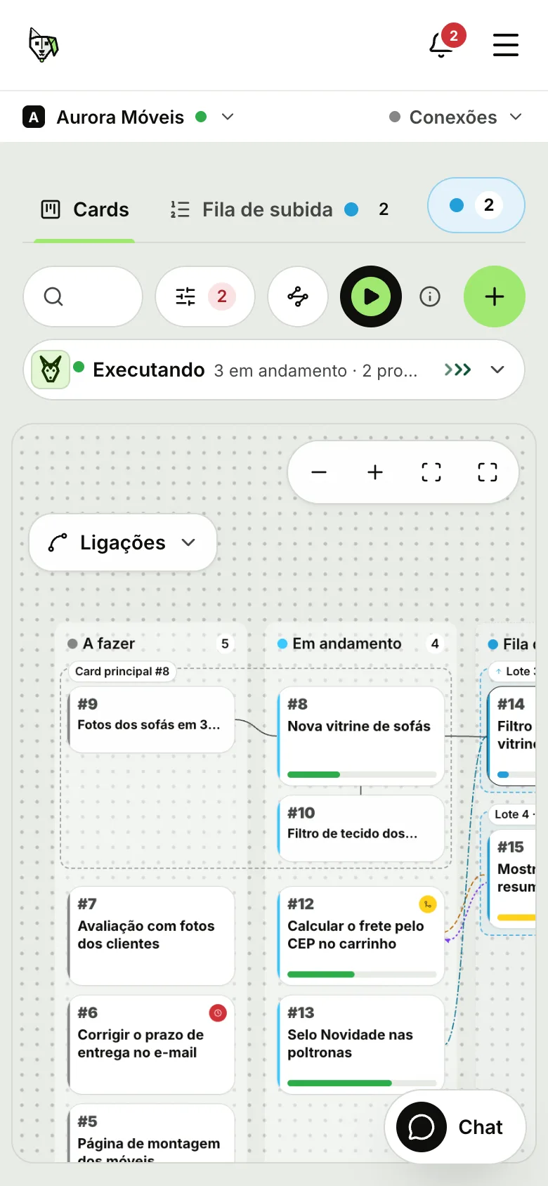 Fluxo da Aurora Móveis no celular: o botão do formato ao lado de Filtros, os botões de zoom e de tela cheia, a legenda Ligações fechada e as raias A fazer e Em andamento com os cards de longe