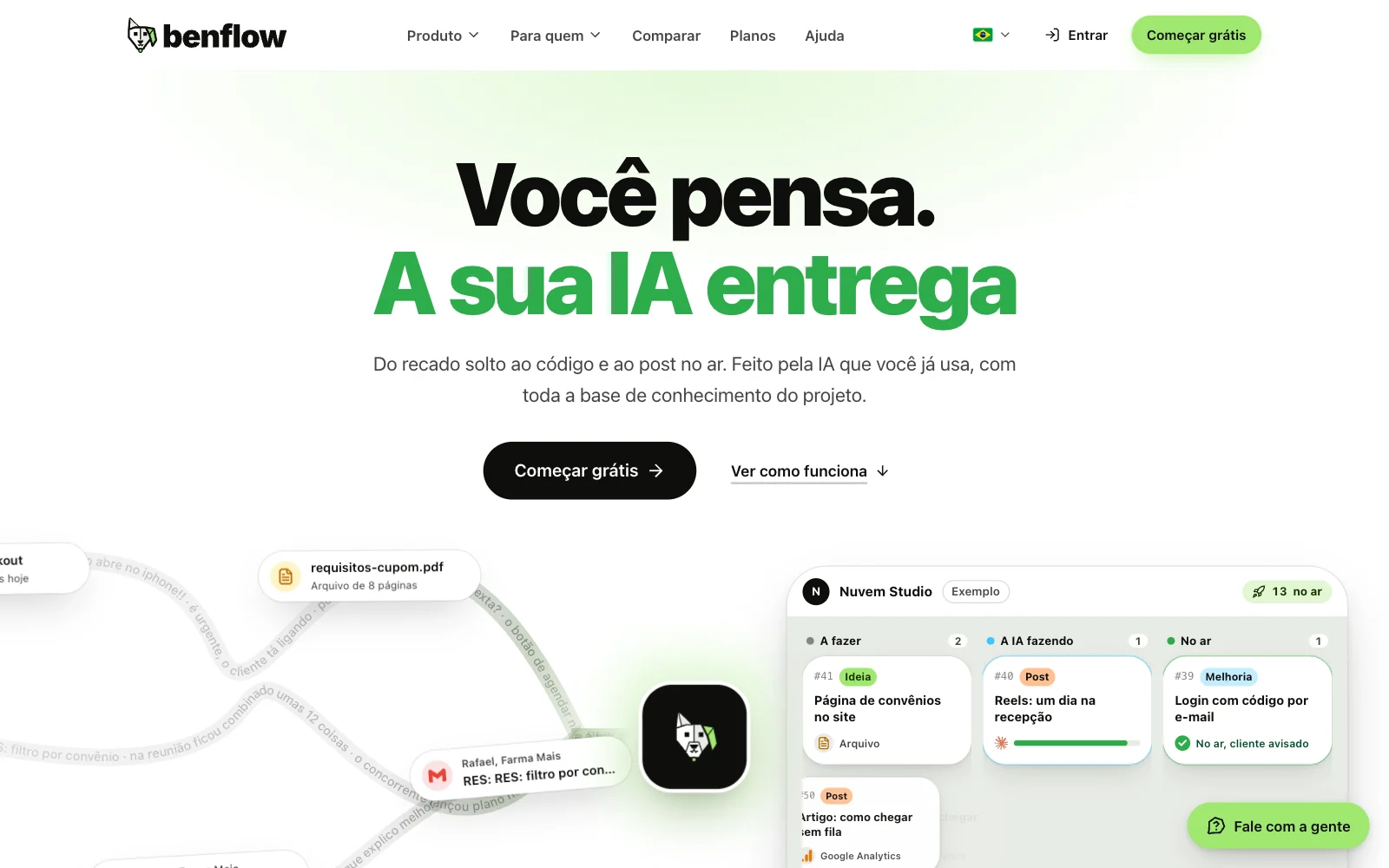 Topo da página inicial do site do benflow no computador: o título Você pensa. A sua IA entrega, a frase do recado solto ao código e ao post no ar, o botão Começar grátis e o link Ver como funciona; embaixo, a animação com o arquivo requisitos-cupom e um e-mail descendo até o símbolo do benflow e o quadro do Nuvem Studio, com a legenda Exemplo e as colunas A fazer, A IA fazendo e No ar