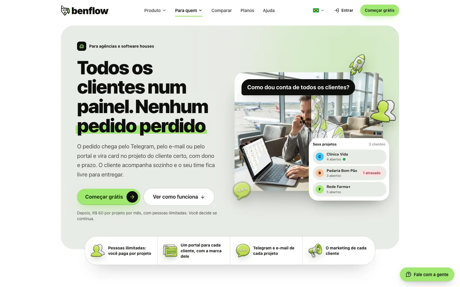 Topo da página do site do benflow para agências e software houses: o título Todos os clientes num painel. Nenhum pedido perdido, os botões Começar grátis e Ver como funciona e, ao lado, a foto do dono de agência no aeroporto com a pergunta Como dou conta de todos os clientes? e a peça Seus projetos, com a Clínica Vida, a Padaria Bom Pão com 1 atrasado e a Rede Farma+; embaixo, a faixa com Pessoas ilimitadas, o portal de cada cliente, o Telegram e o e-mail de cada projeto e o marketing de cada cliente