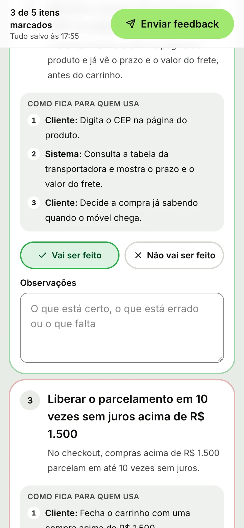 O link de validação no celular, com a barra Enviar feedback presa no topo e os botões Vai ser feito e Não vai ser feito de um item