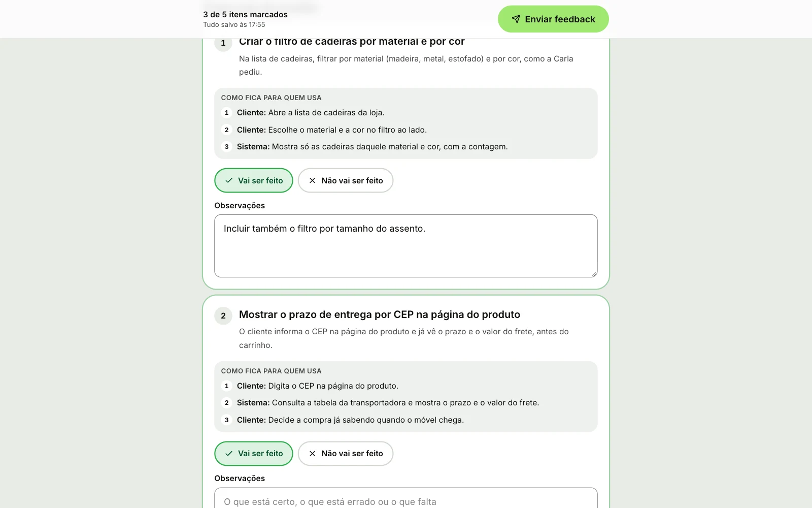 Link de validação da Aurora Móveis com a barra do topo 3 de 5 itens marcados, Tudo salvo e o botão Enviar feedback, e o primeiro item com o fluxo, Vai ser feito marcado e a observação