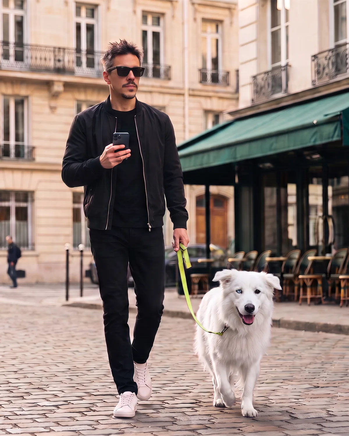 Man in a black jacket and sunglasses walking down a cobblestone street with old buildings, looking at the app on his phone, with Bento, a fluffy white dog, on a green leash beside him; lines of light reveal half of each drawn in the style of the benflow symbol