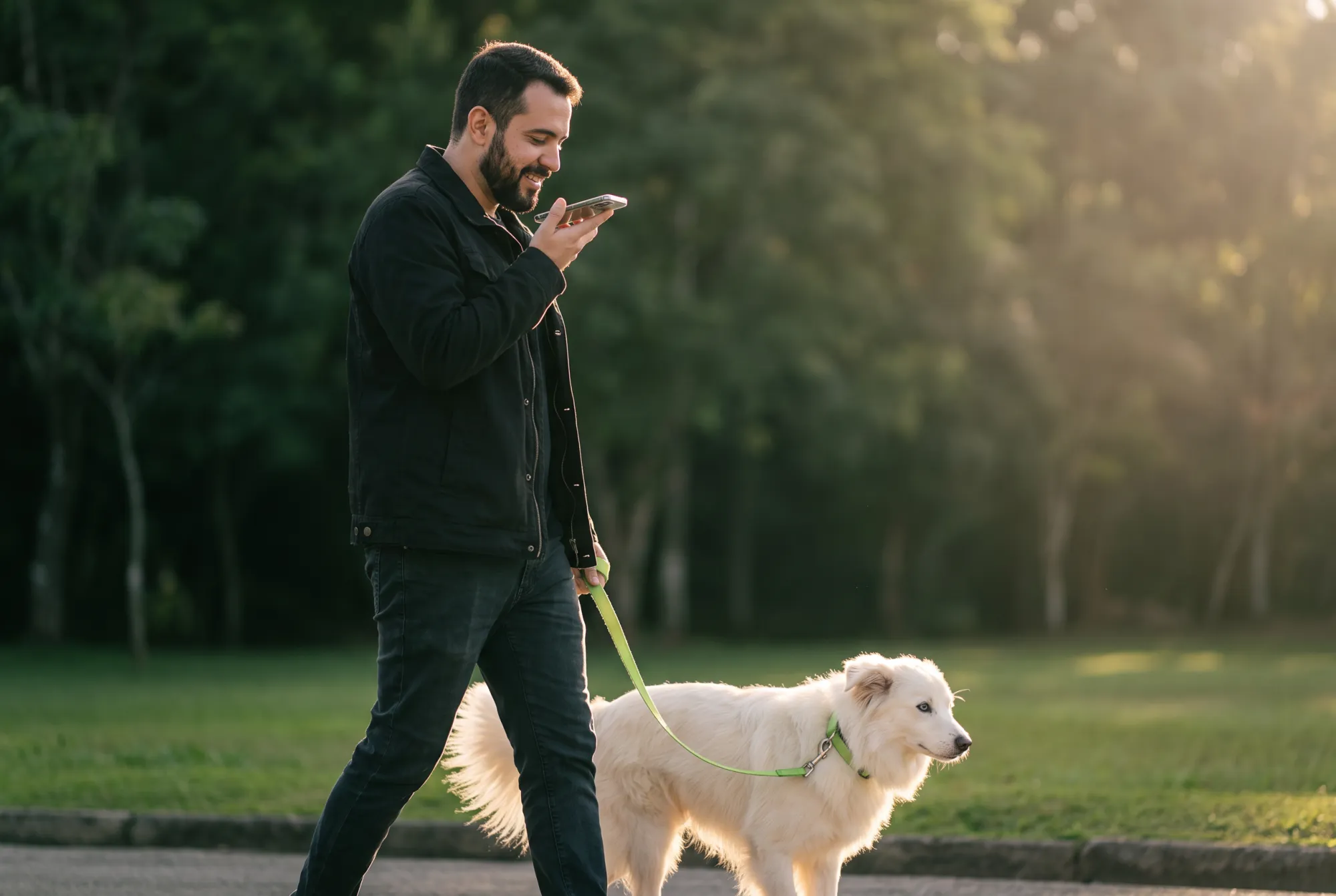 Man in a black jacket walking in the park with a fluffy white dog on a green leash, recording audio on his phone