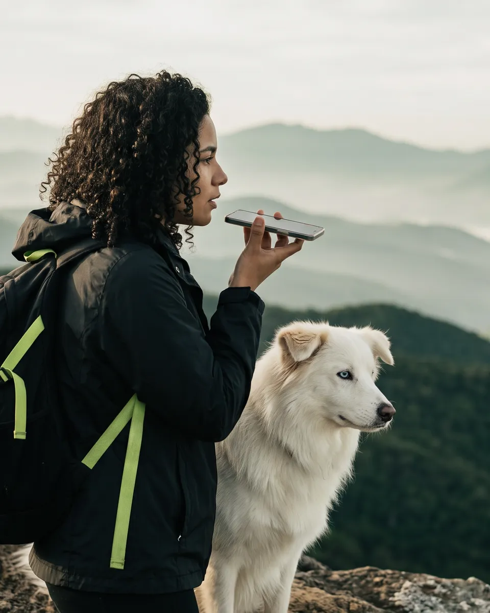 Woman at the top of a trail with the white dog beside her, recording audio on her phone, with mountains and mist behind