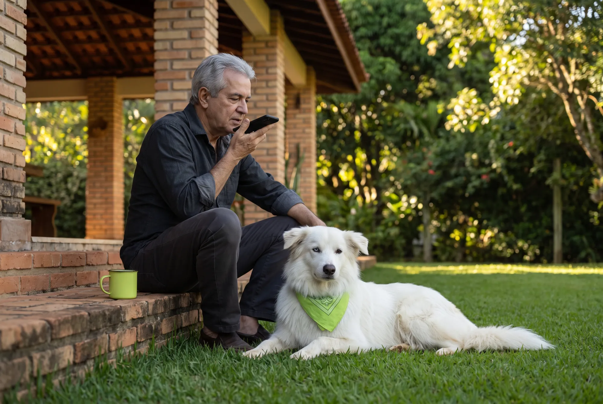 Older man sitting on the porch steps of a country house with the white dog lying beside him, recording audio on his phone