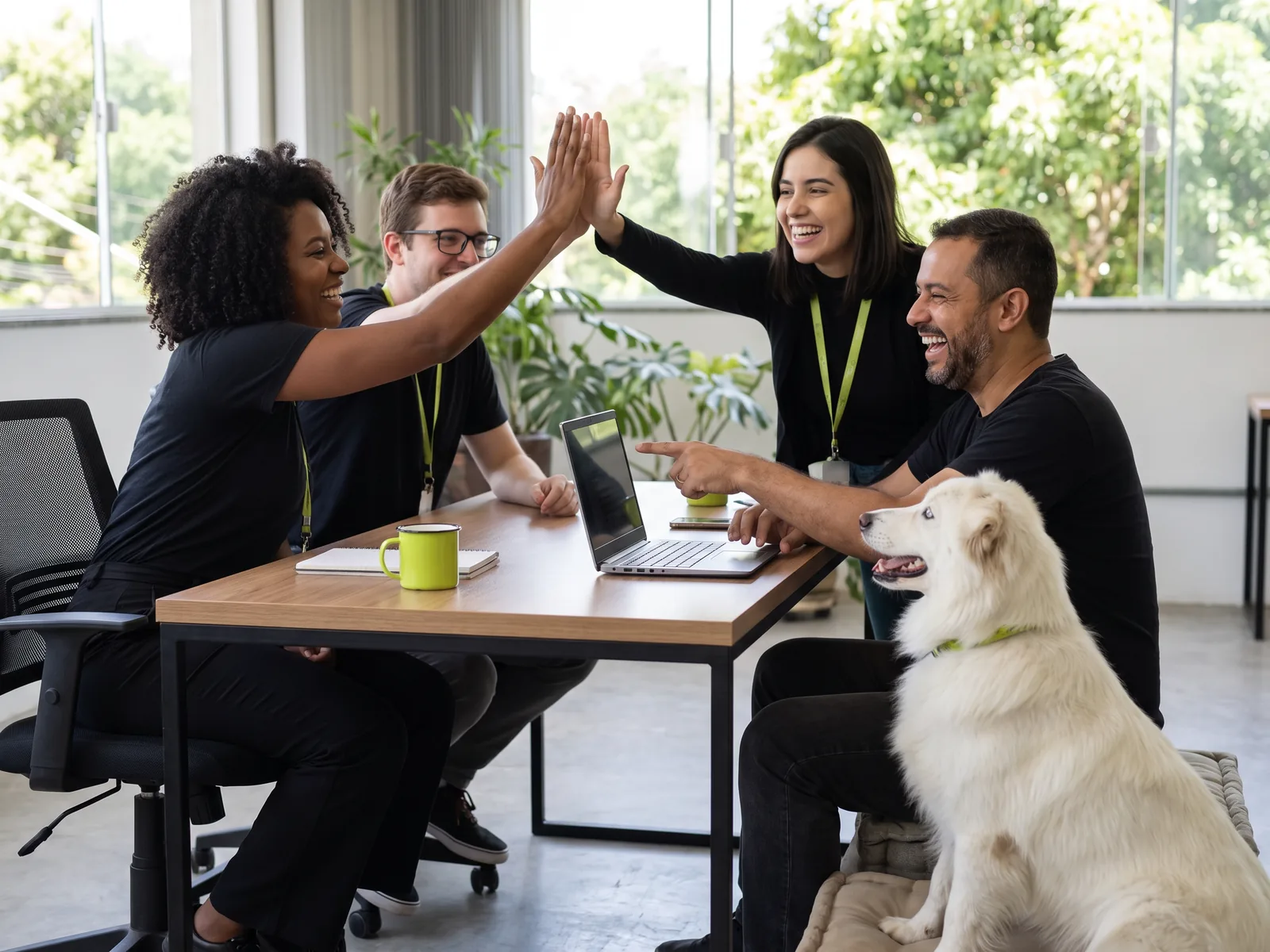 Development team celebrating a delivery around the laptop, with Bento, the fluffy white dog, sitting with them