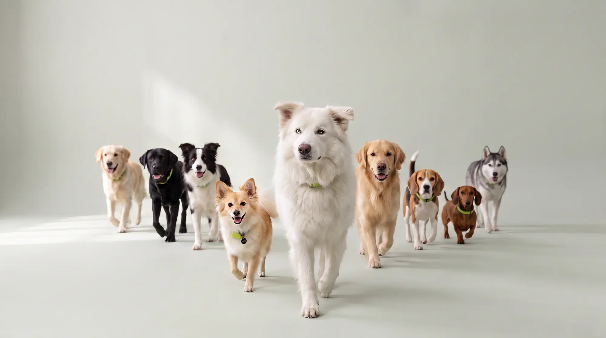 La manada de benflow en V: Bento, perro blanco de ojo azul, adelante; Amélia, pequeña y caramelo, justo detrás; y otros seis perros, todos con collar verde