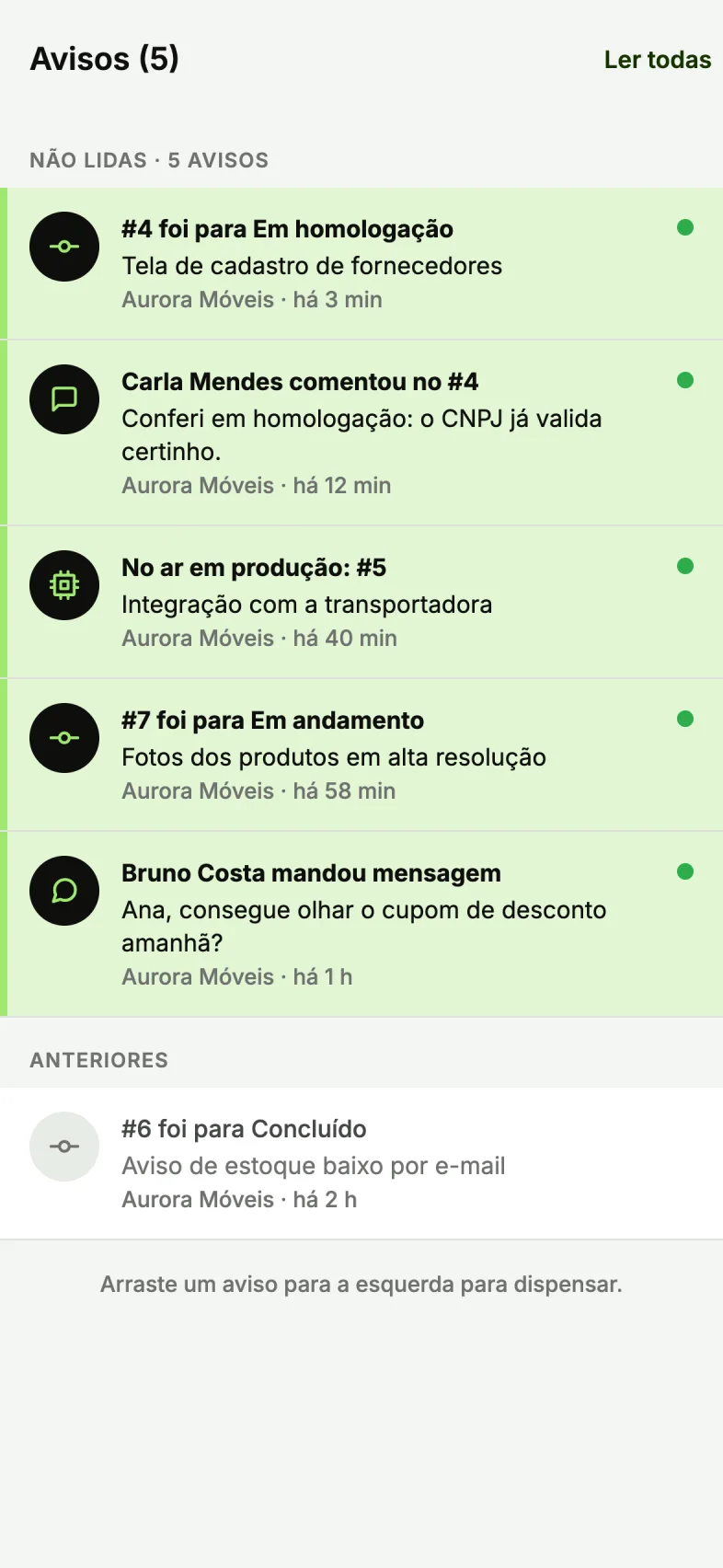 benflow app notifications: card 4 moved to In staging, Carla Mendes commented on 4, Live in production: 5, card 7 moved to In progress and Bruno Costa sent a message