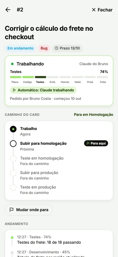 Tela do app do benflow com o card 2 aberto: o Claude trabalhando nos testes a 74% e o caminho do card até a homologação