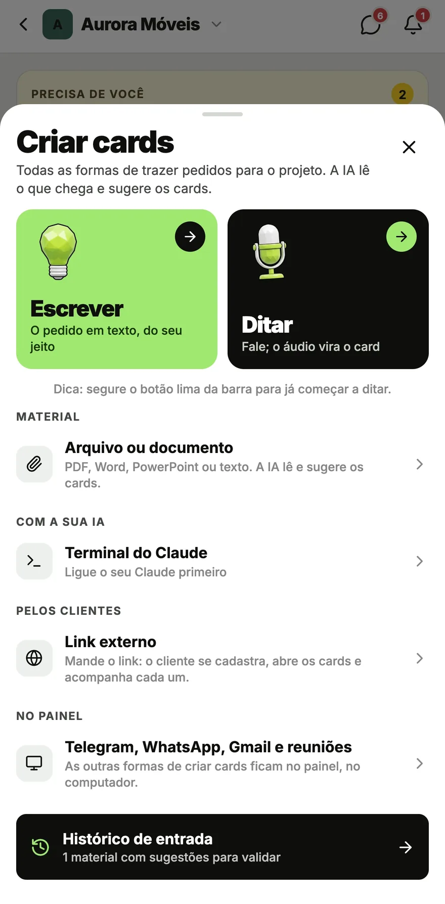 App do benflow na tela Criar cards, com os botões Escrever e Ditar no alto e, embaixo, as outras formas de trazer pedidos: arquivo, Terminal do Claude, link externo, Telegram, WhatsApp, Gmail e reuniões