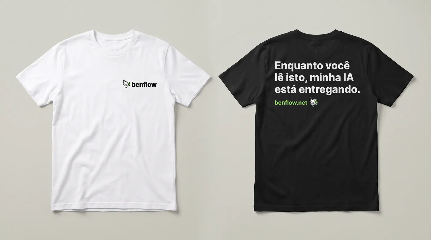 Camiseta branca com o logo do benflow no peito e camiseta preta com a frase nas costas: Enquanto você lê isto, minha IA está entregando.