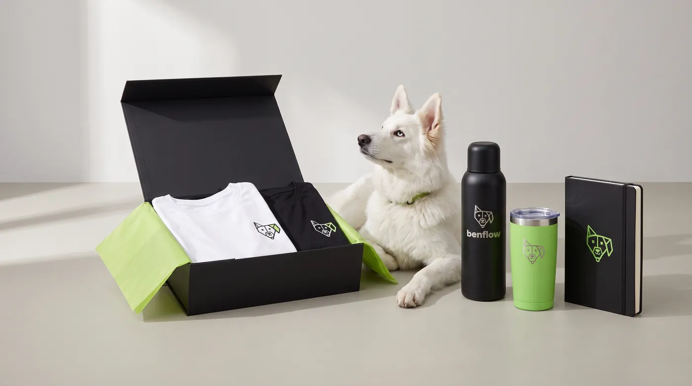 O kit de boas-vindas do benflow numa caixa preta com papel verde: camisetas branca e preta, garrafa térmica, copo térmico e caderno, com o Bento, cachorro branco de coleira verde, deitado ao lado