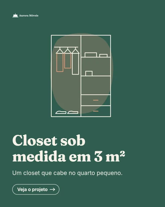 Piece Custom closet in 3 m² from Aurora Móveis: green background, a line illustration of a closet with hangers and drawers and the See the project button